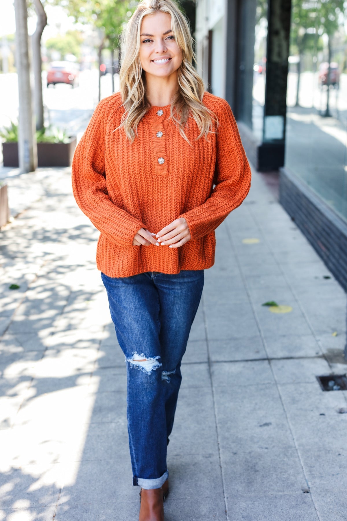 Rust Loose Knit Henley Button Sweater