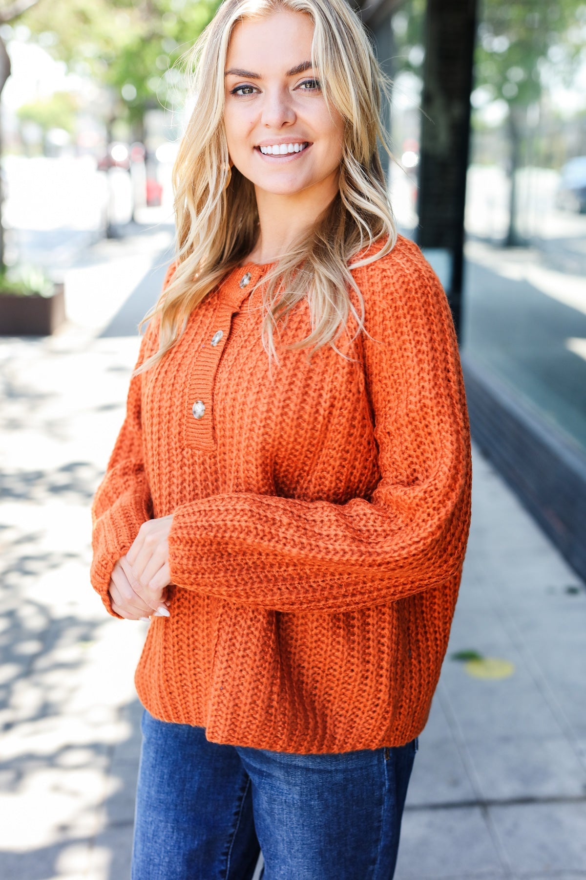 Rust Loose Knit Henley Button Sweater