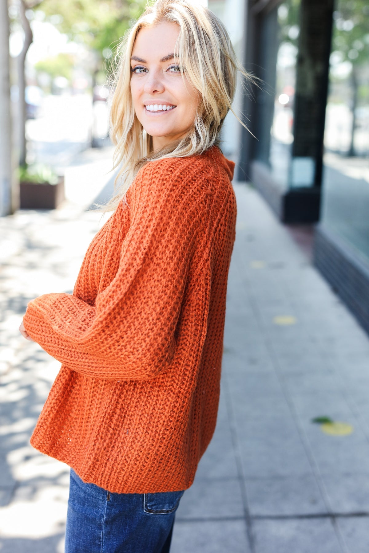 Rust Loose Knit Henley Button Sweater