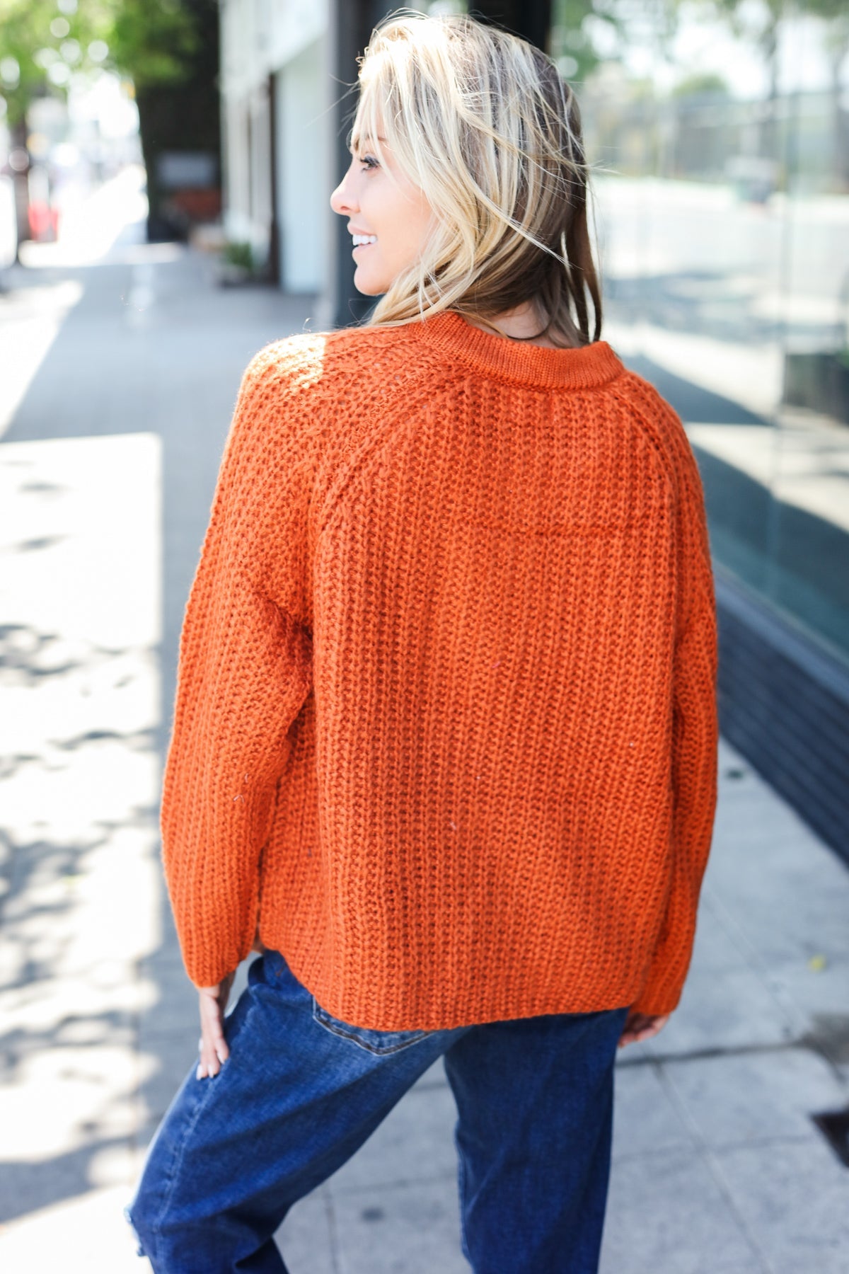 Rust Loose Knit Henley Button Sweater