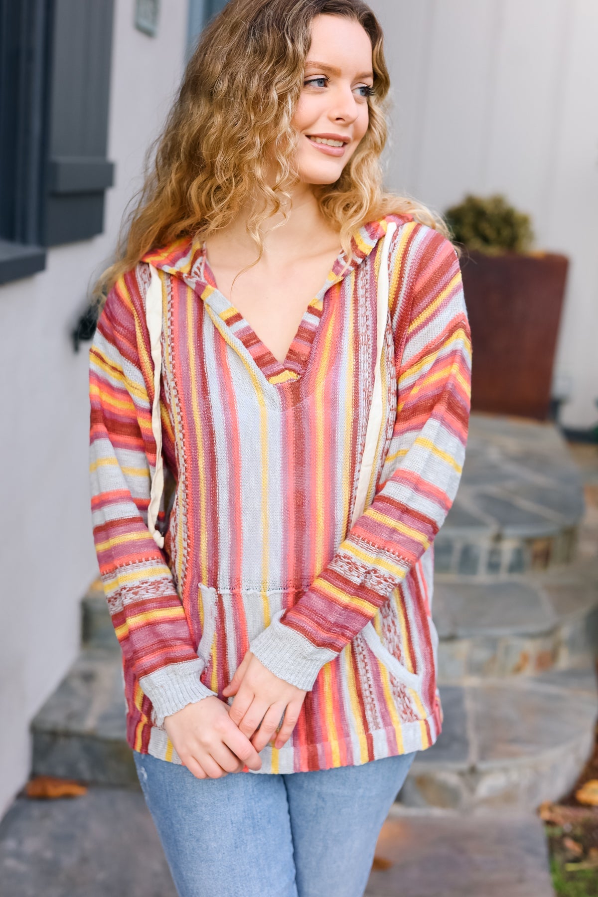 Coral & Sienna Stripe Pullover Notched Neck Hoodie