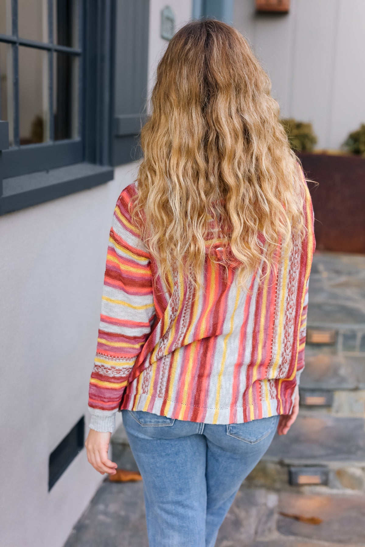 Coral & Sienna Stripe Pullover Notched Neck Hoodie