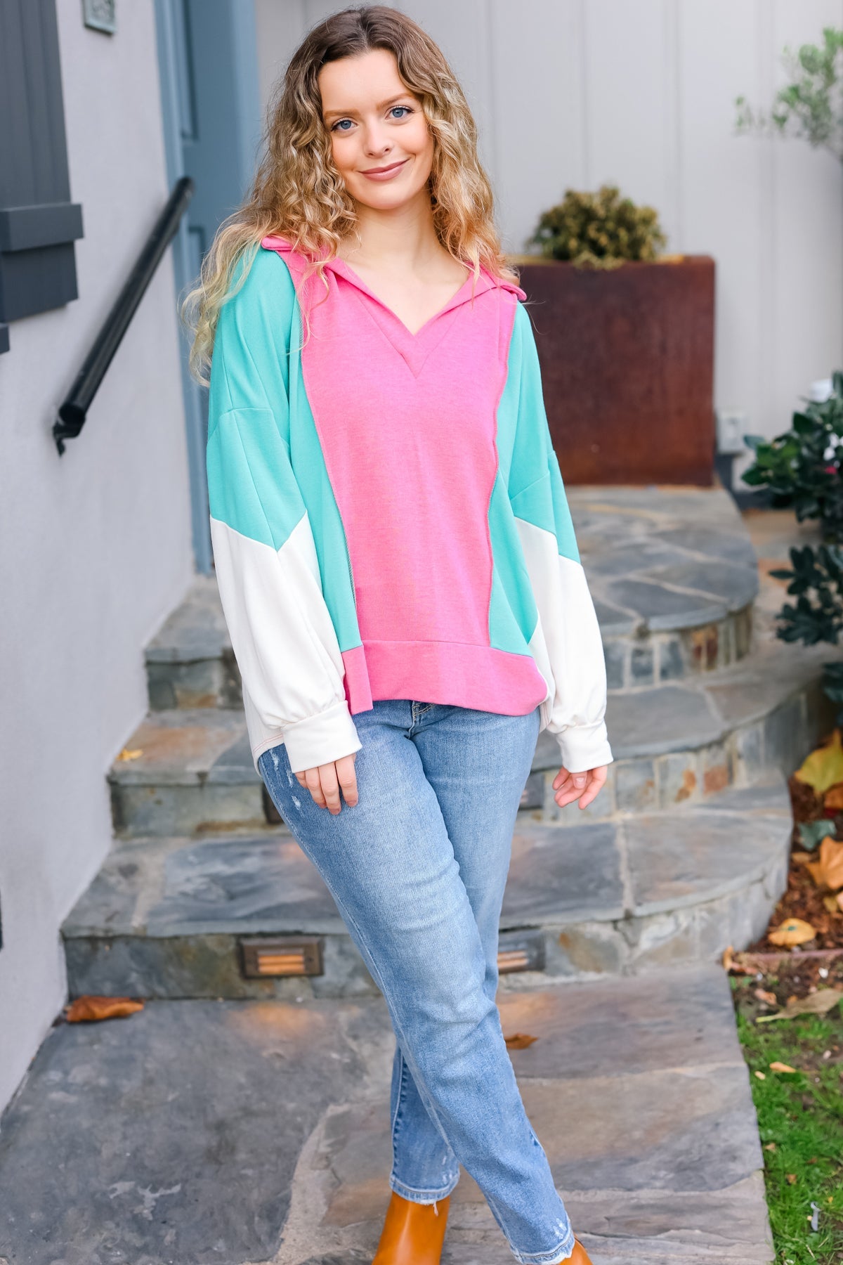 Hot Pink & Mint V Neck Collared Terry Color Block Top