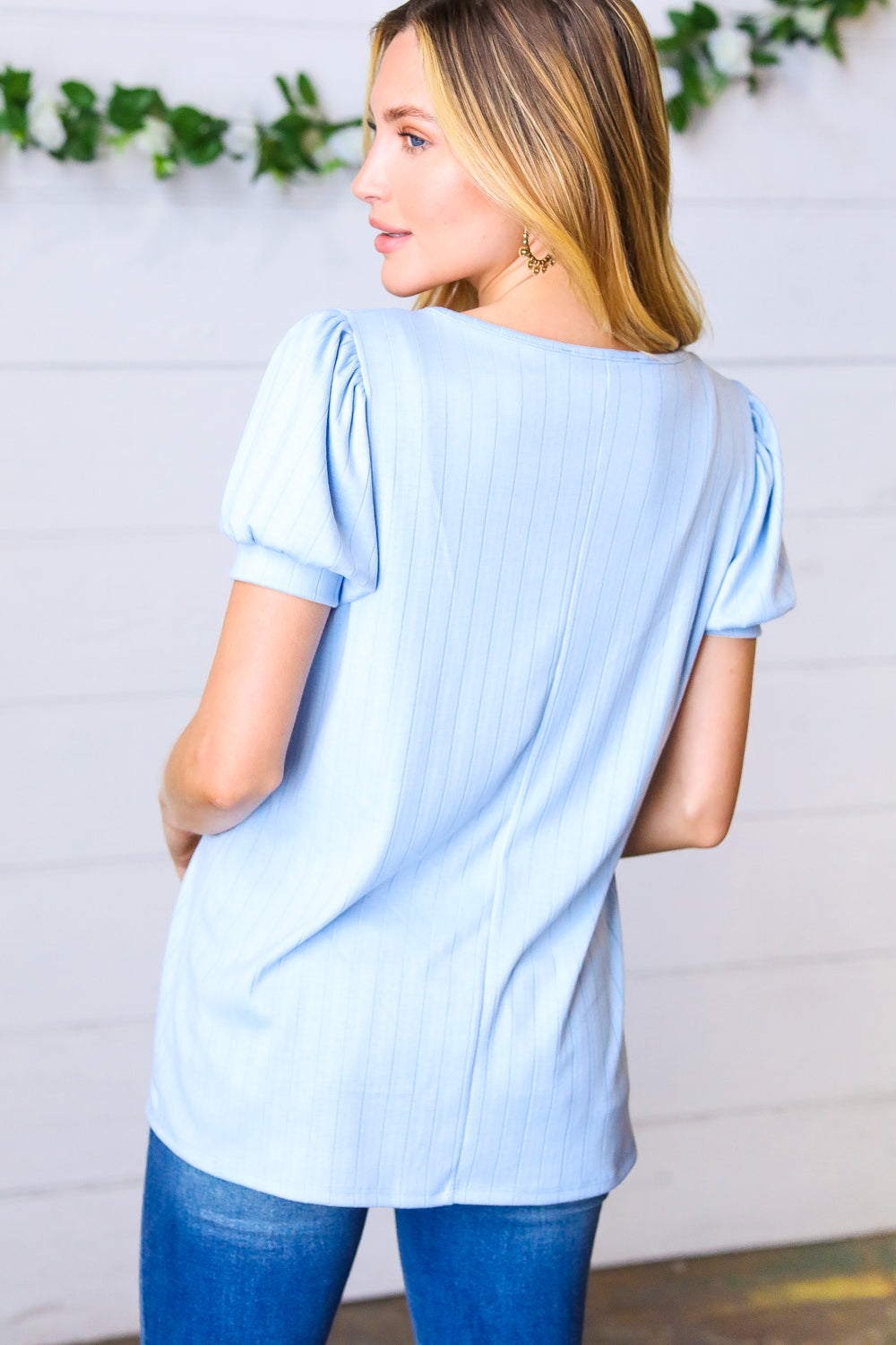 Baby Blue Wide Rib Puff Sleeve Square Neck Top