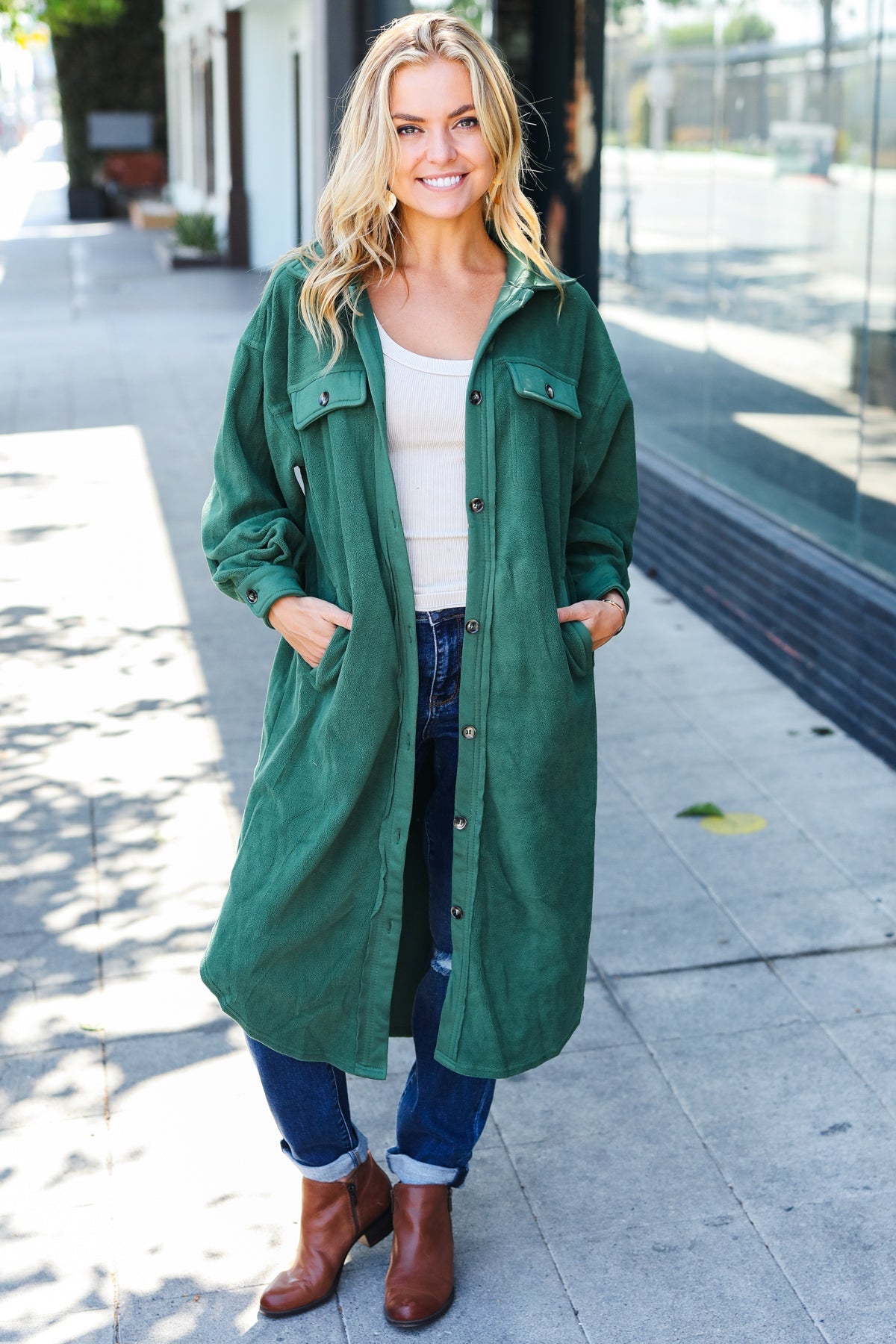 Forest Green Fleece Button Down Duster Jacket