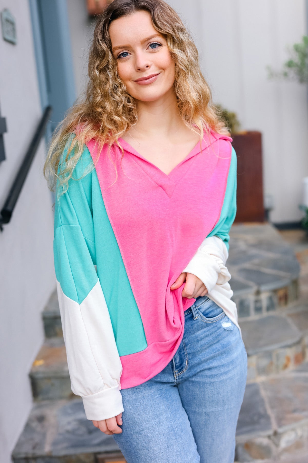 Hot Pink & Mint V Neck Collared Terry Color Block Top