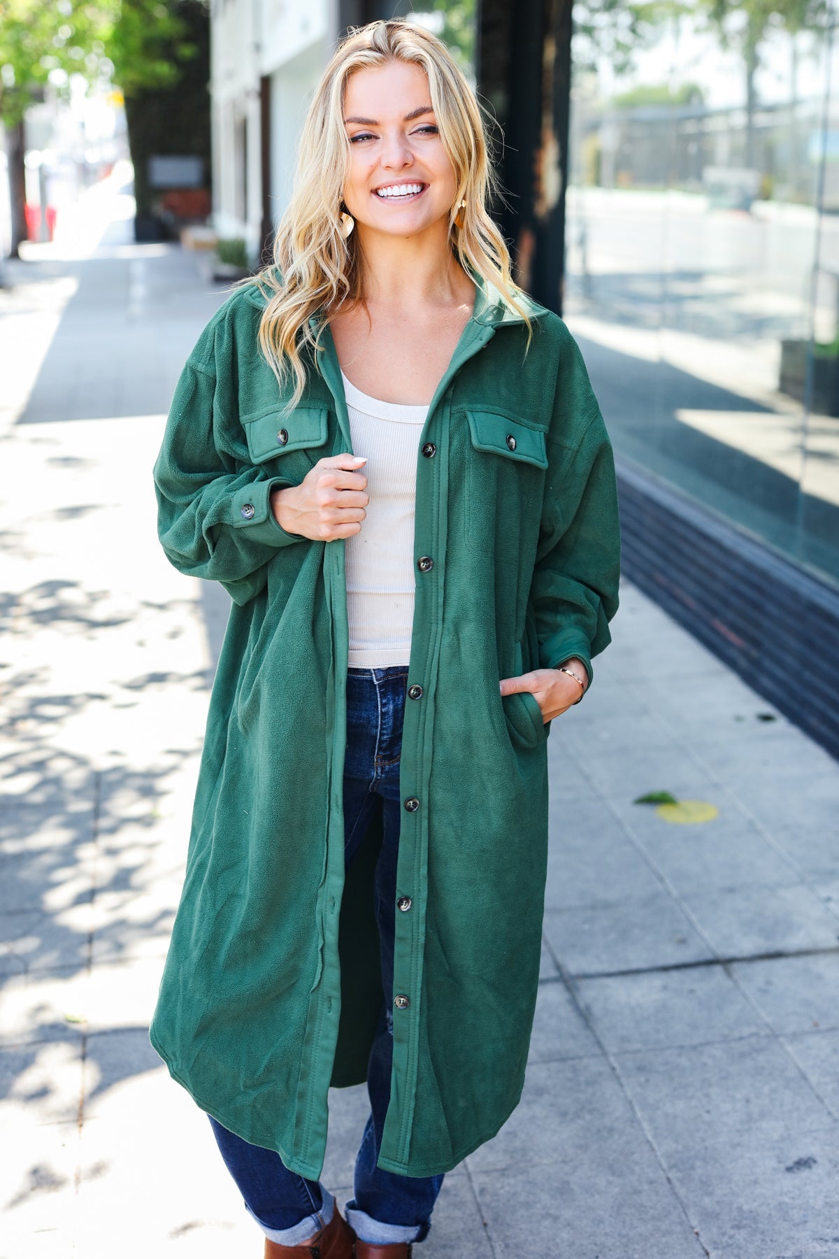 Forest Green Fleece Button Down Duster Jacket