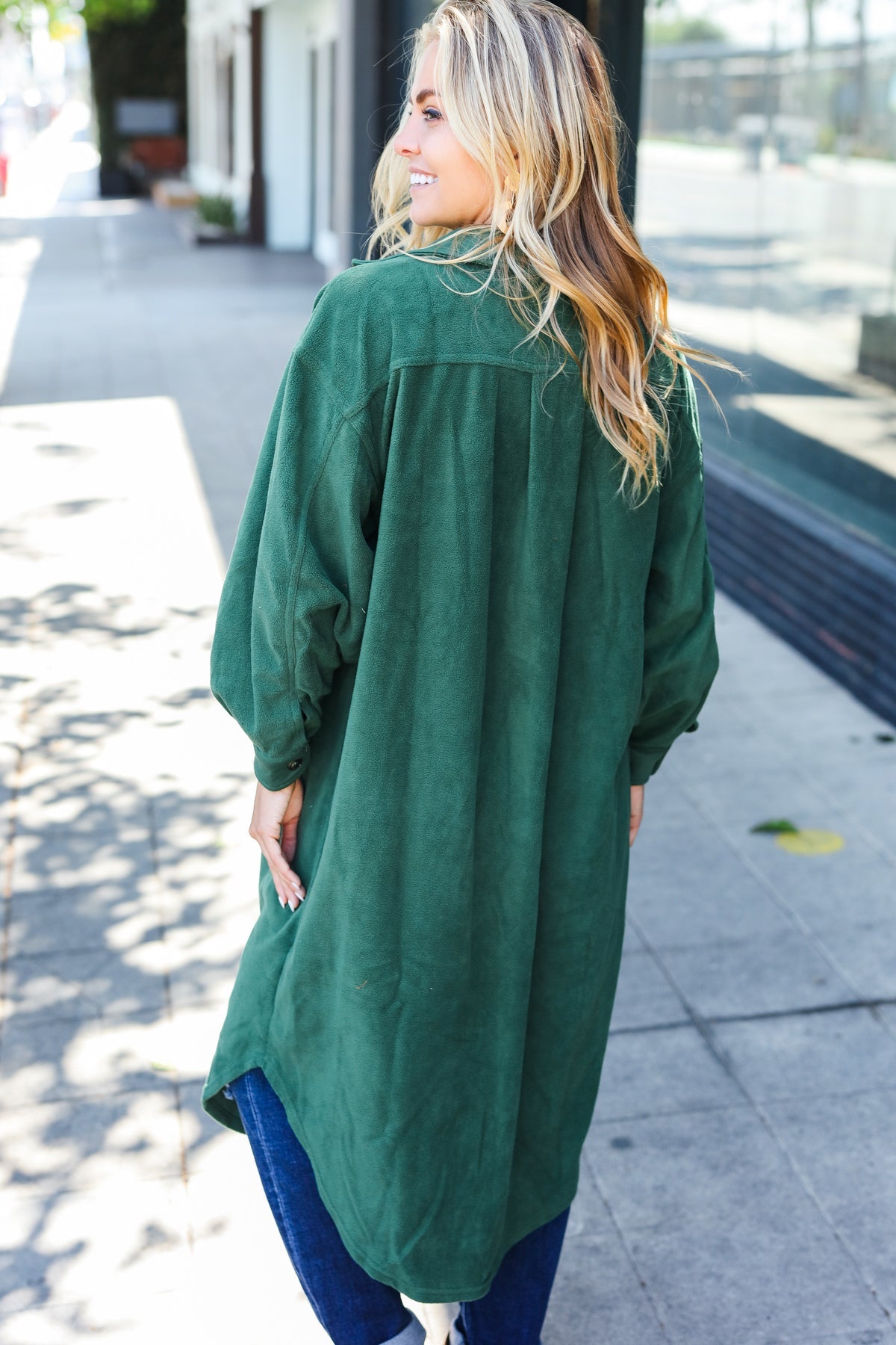 Forest Green Fleece Button Down Duster Jacket