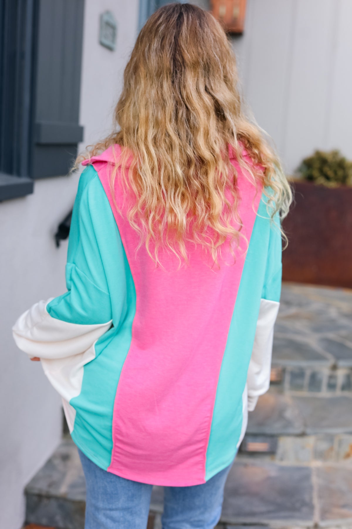 Hot Pink & Mint V Neck Collared Terry Color Block Top