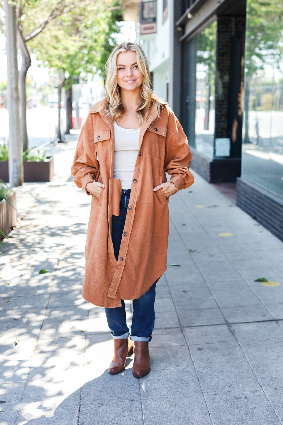 Camel Fleece Button Down Duster Jacket