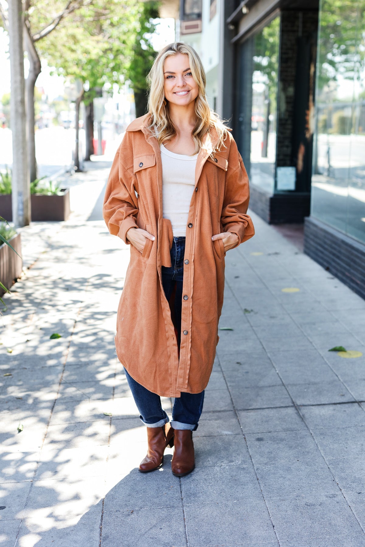 Camel Fleece Button Down Duster Jacket