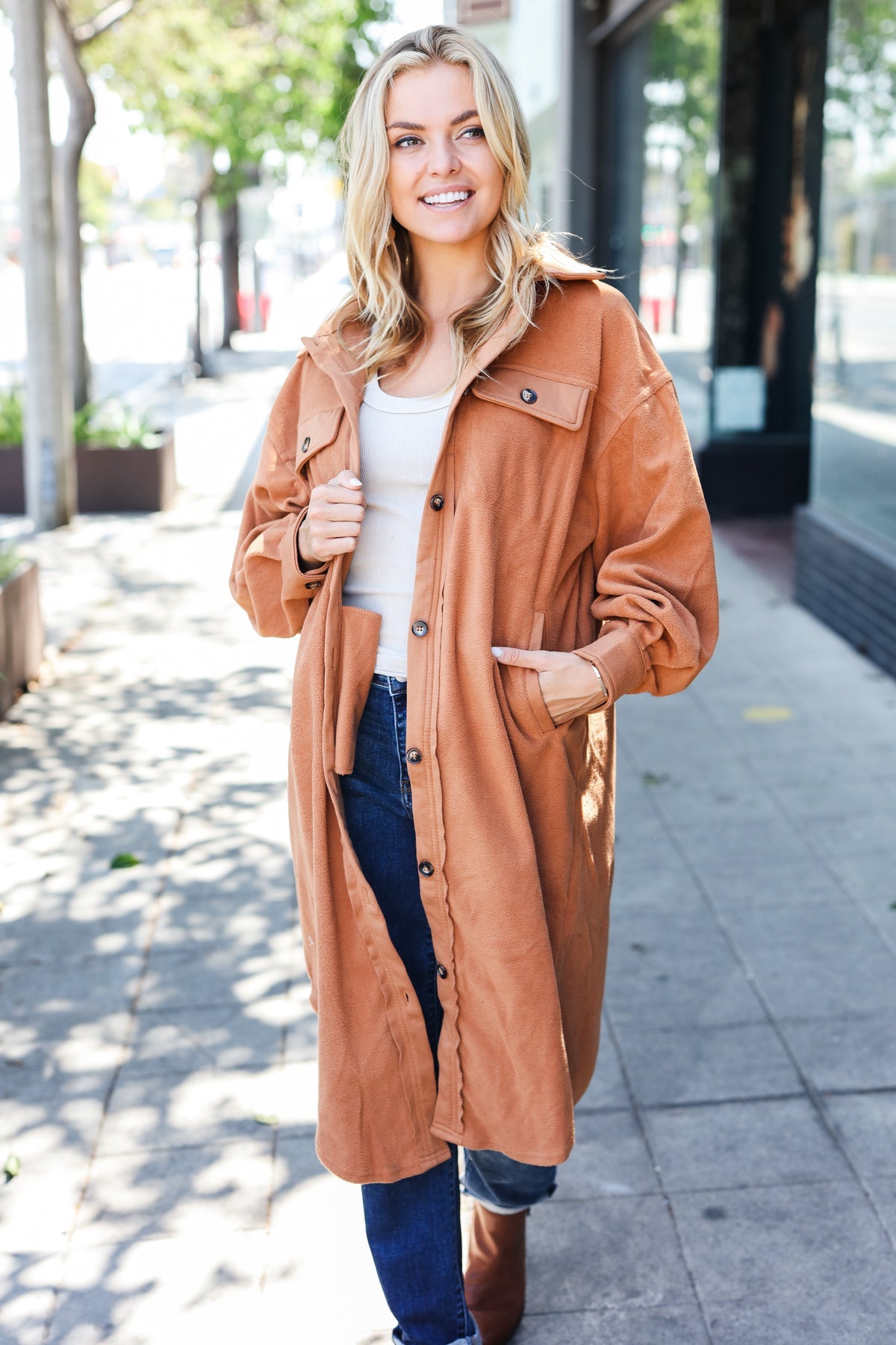 Camel Fleece Button Down Duster Jacket