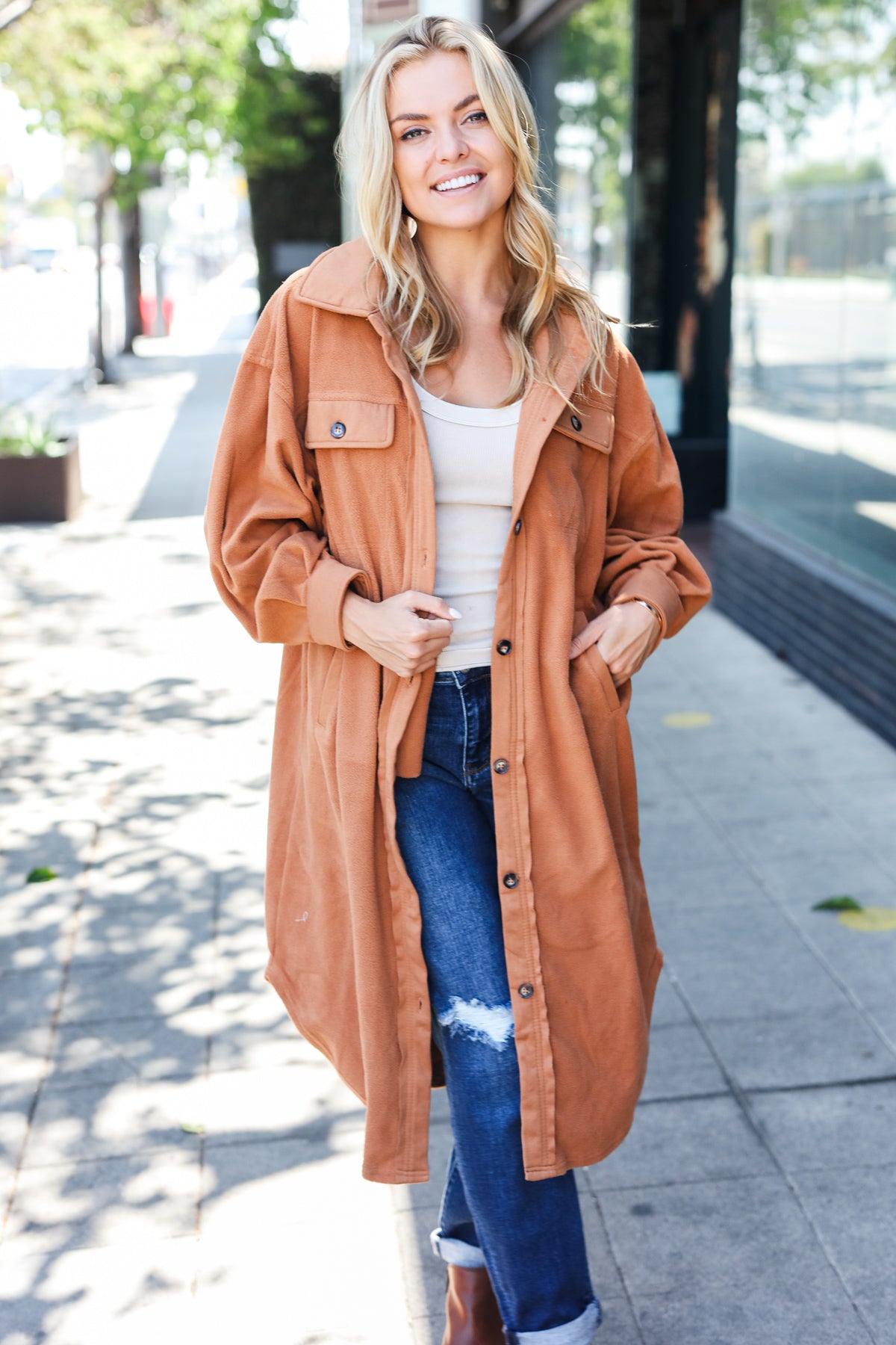 Camel Fleece Button Down Duster Jacket