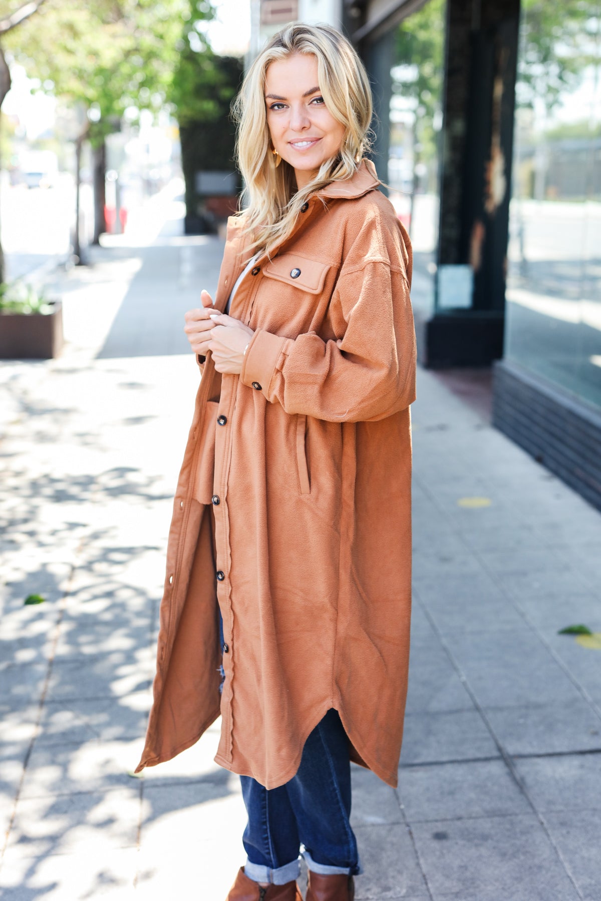 Camel Fleece Button Down Duster Jacket