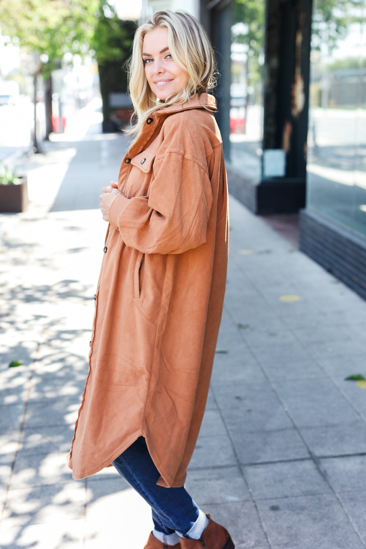 Camel Fleece Button Down Duster Jacket