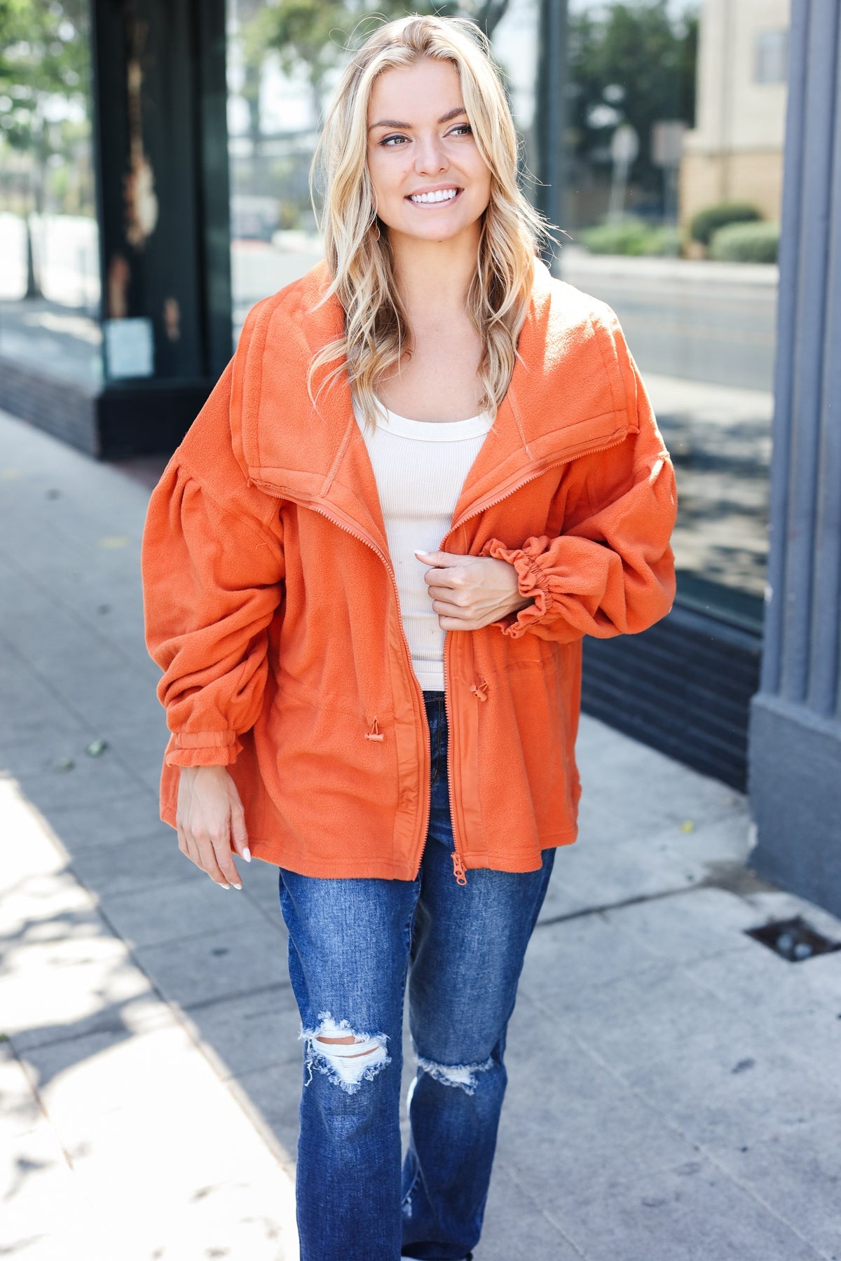 Rust Cinched Waist Zip Up Fleece Jacket