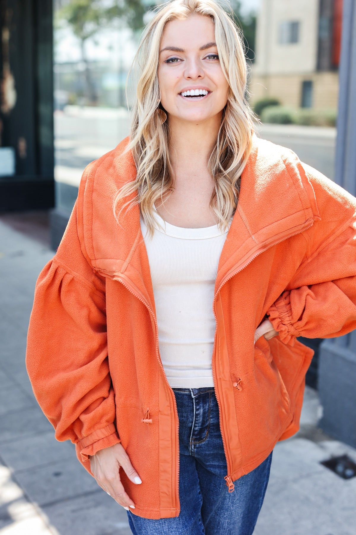 Rust Cinched Waist Zip Up Fleece Jacket