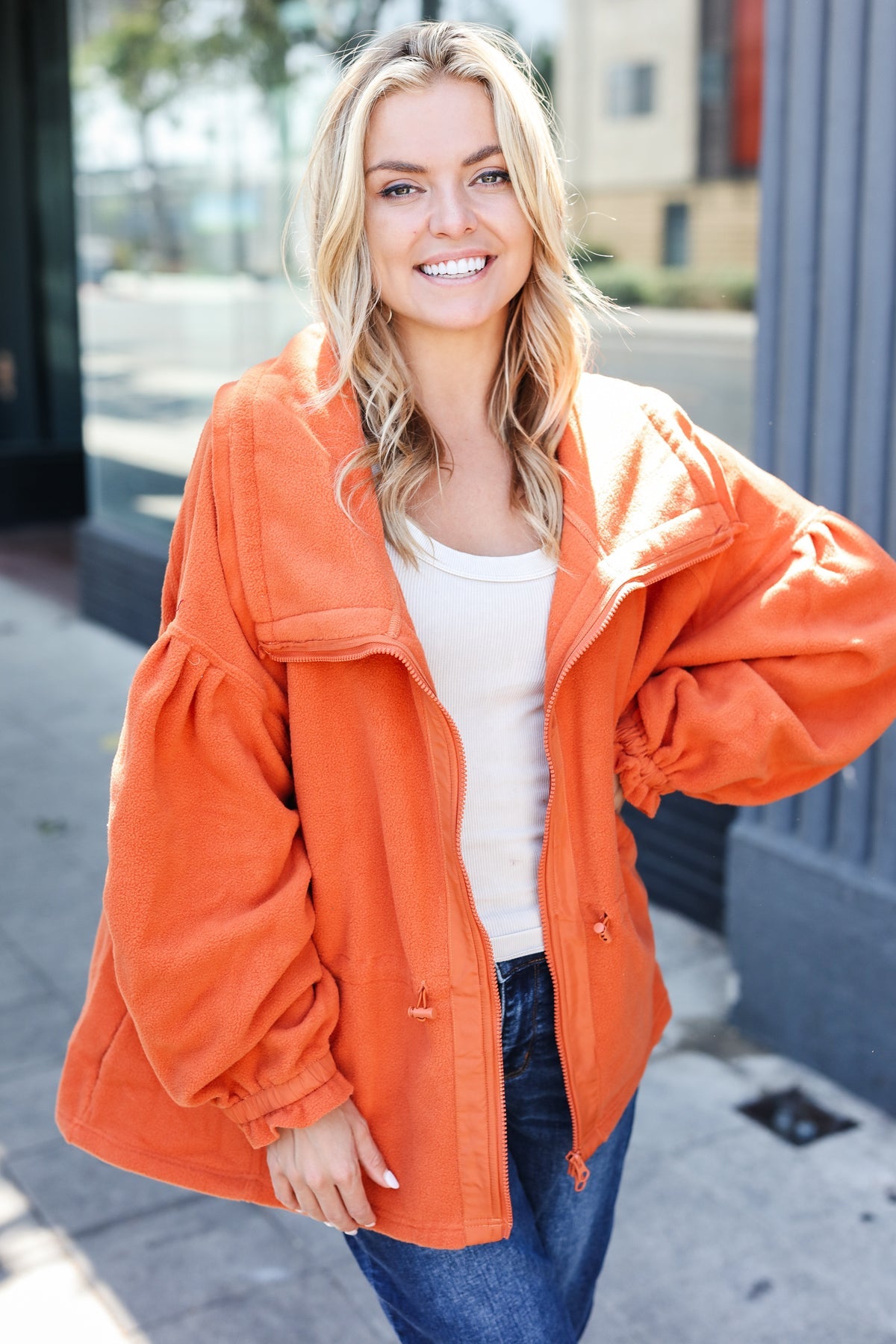 Rust Cinched Waist Zip Up Fleece Jacket