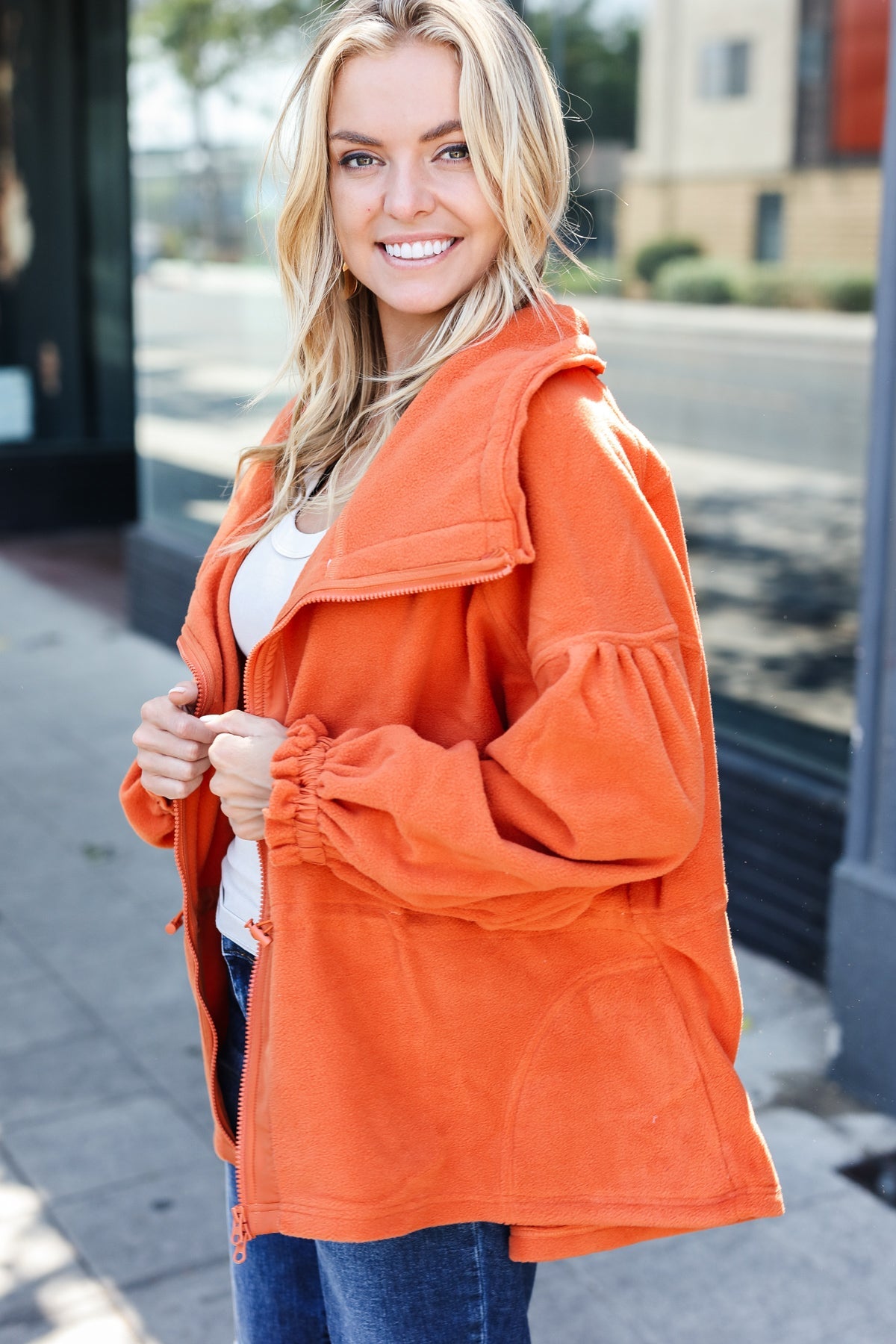 Rust Cinched Waist Zip Up Fleece Jacket