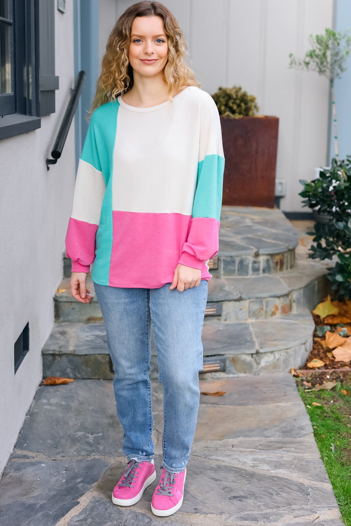 Mint & Pink Drop Shoulder Terry Color Block Top