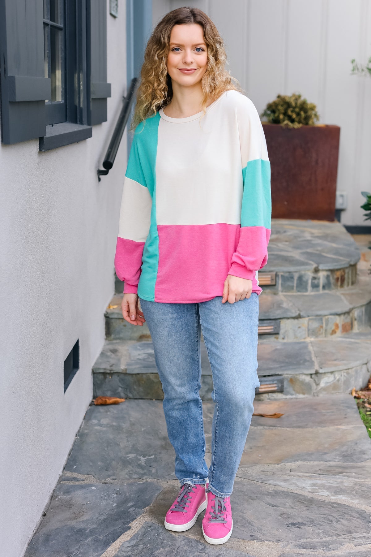 Mint & Pink Drop Shoulder Terry Color Block Top