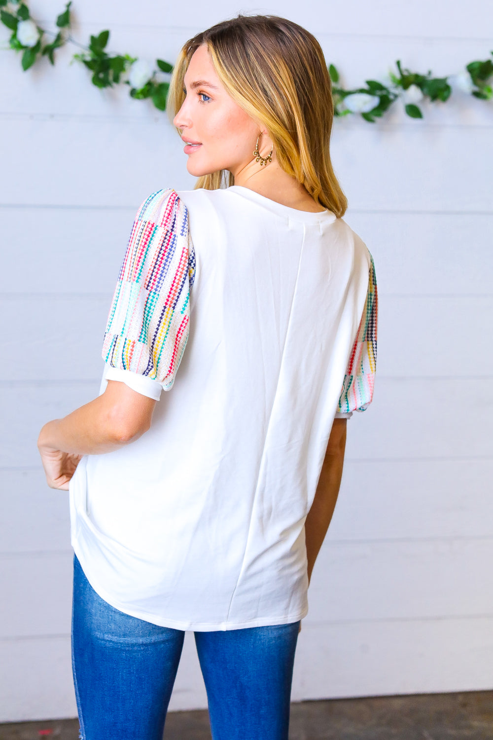 Ivory Multicolor Stripe Puff Sleeve Top