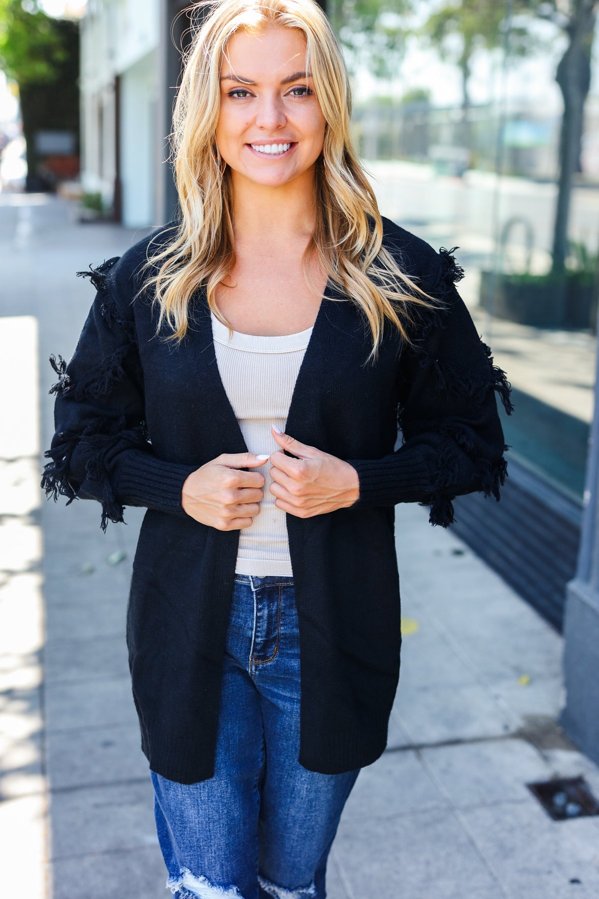 Black Fringe Detail Knit Cardigan