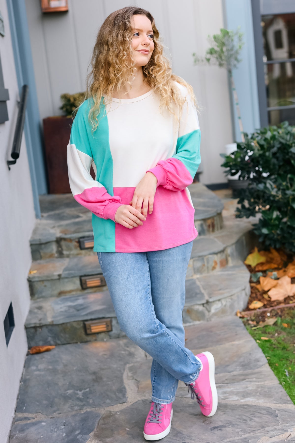 Mint & Pink Drop Shoulder Terry Color Block Top