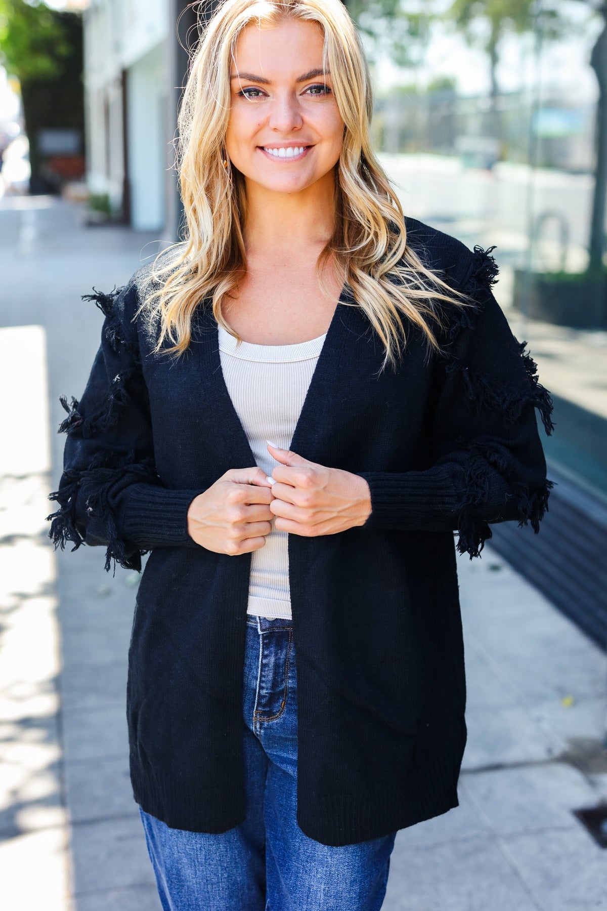 Black Fringe Detail Knit Cardigan