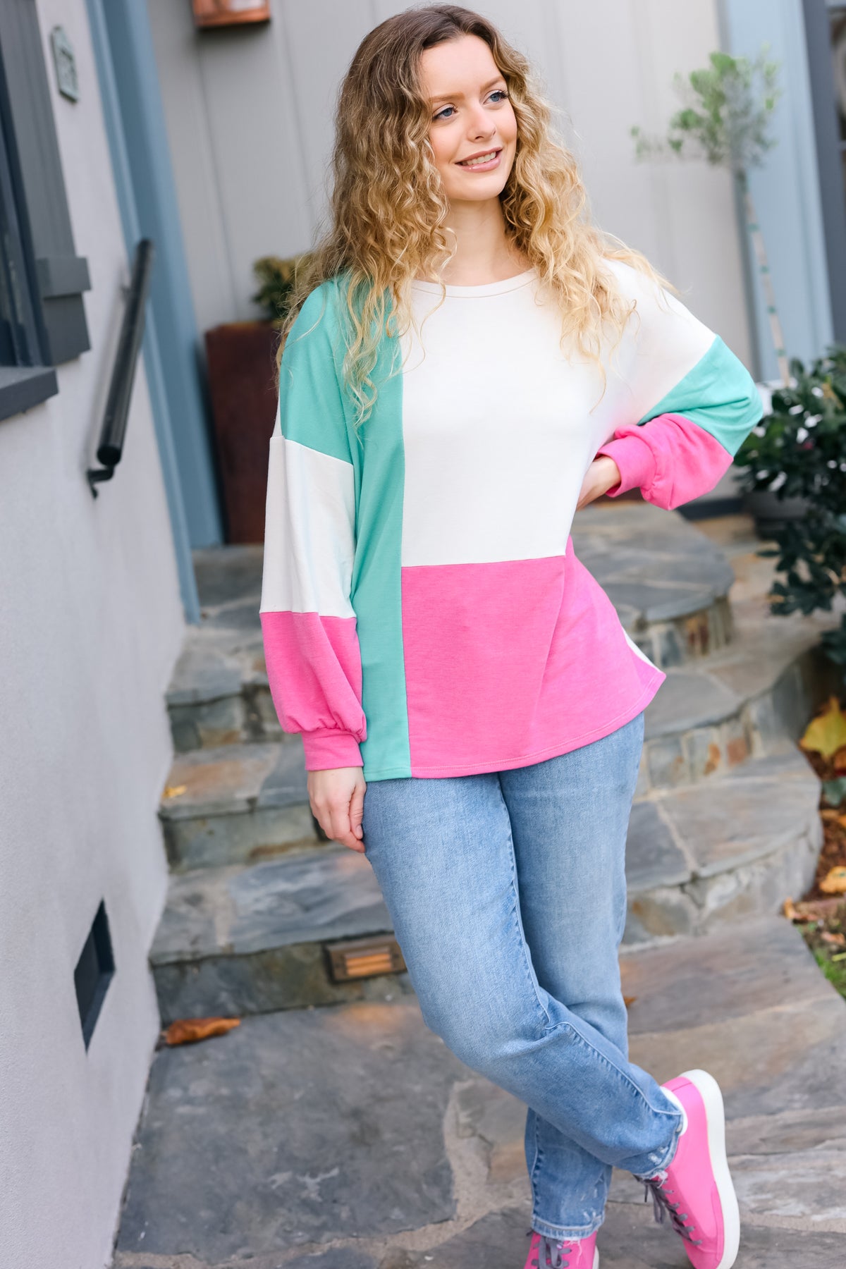 Mint & Pink Drop Shoulder Terry Color Block Top