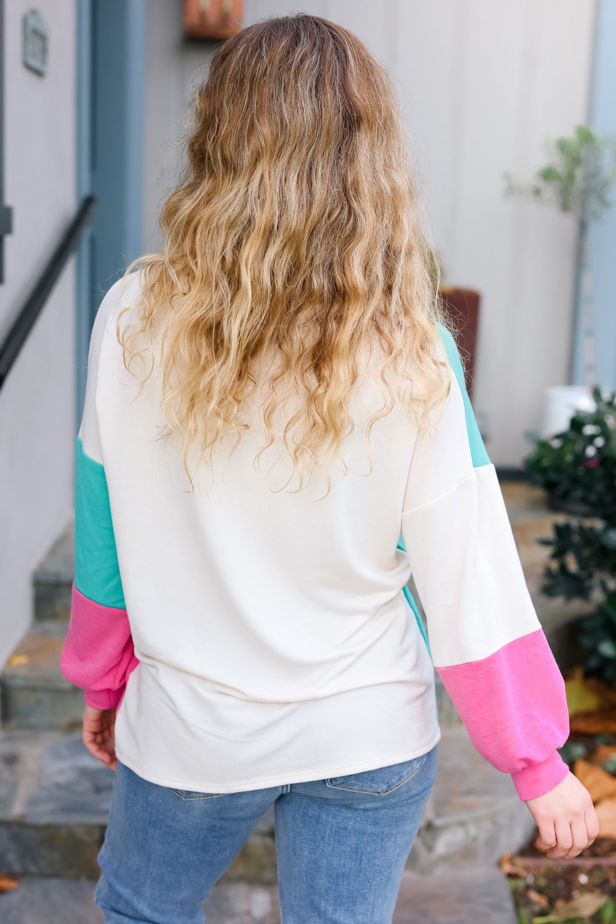 Mint & Pink Drop Shoulder Terry Color Block Top