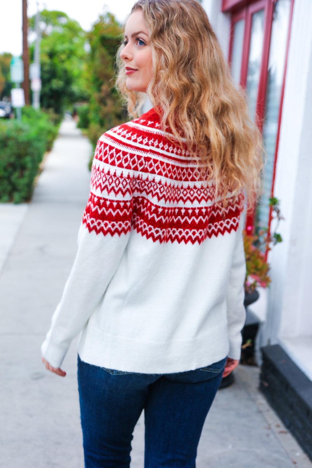 Ivory & Red Fair Isle Mock Neck Sweater