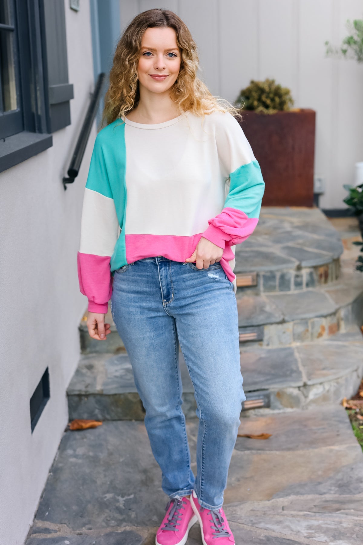 Mint & Pink Drop Shoulder Terry Color Block Top