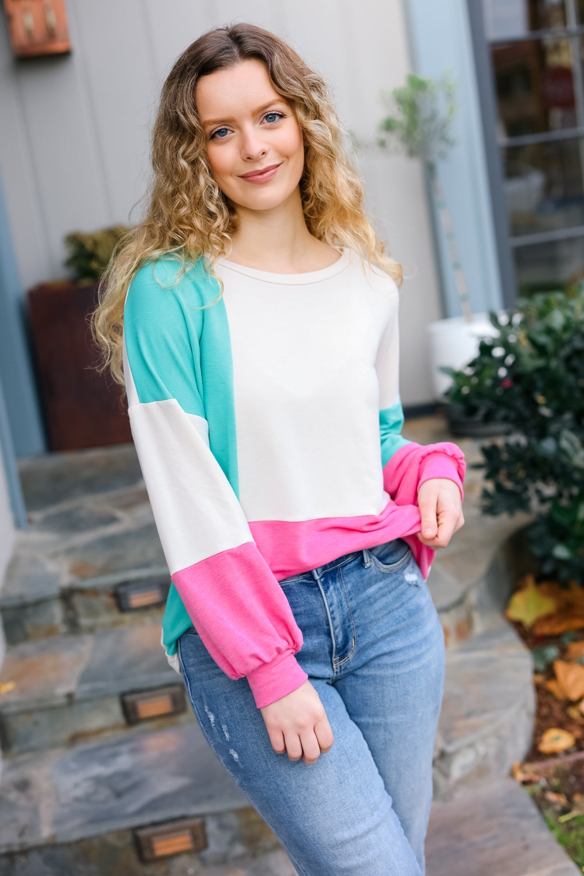 Mint & Pink Drop Shoulder Terry Color Block Top