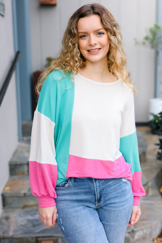 Mint & Pink Drop Shoulder Terry Color Block Top