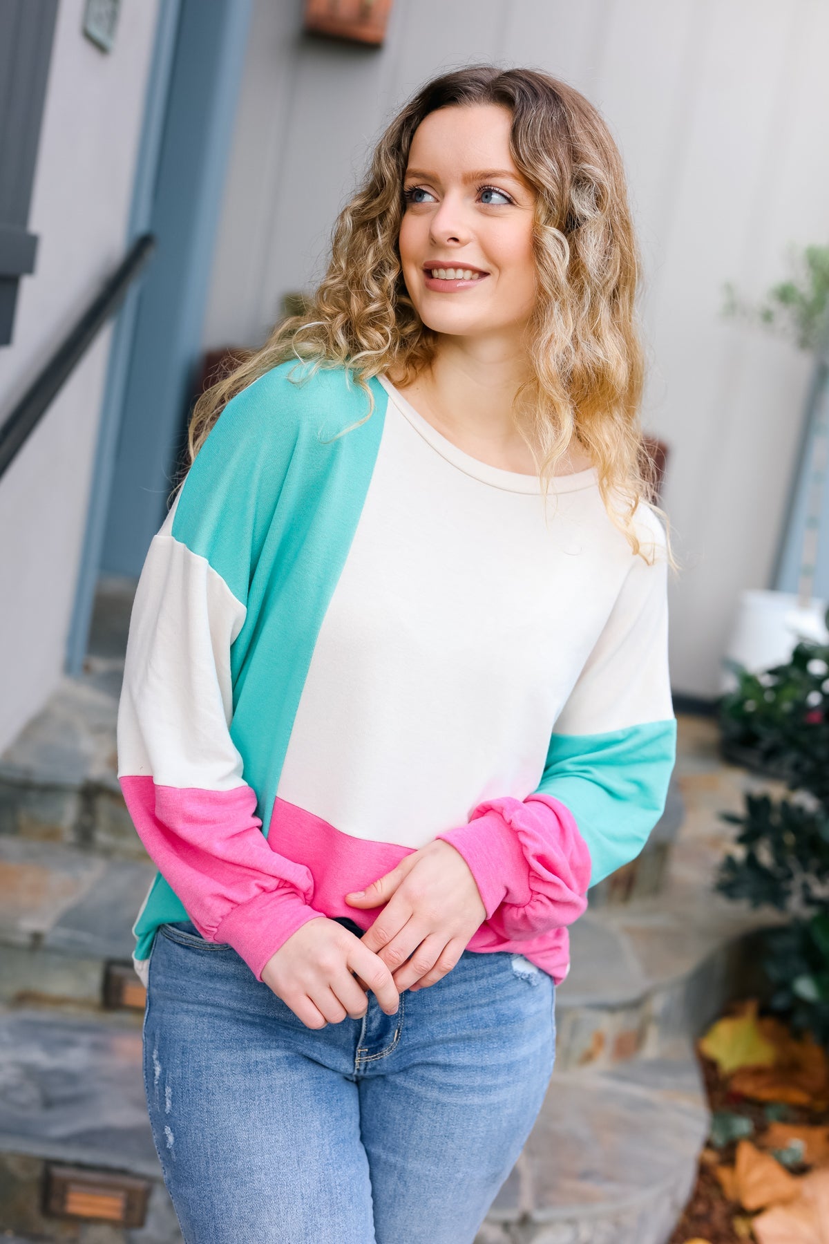 Mint & Pink Drop Shoulder Terry Color Block Top