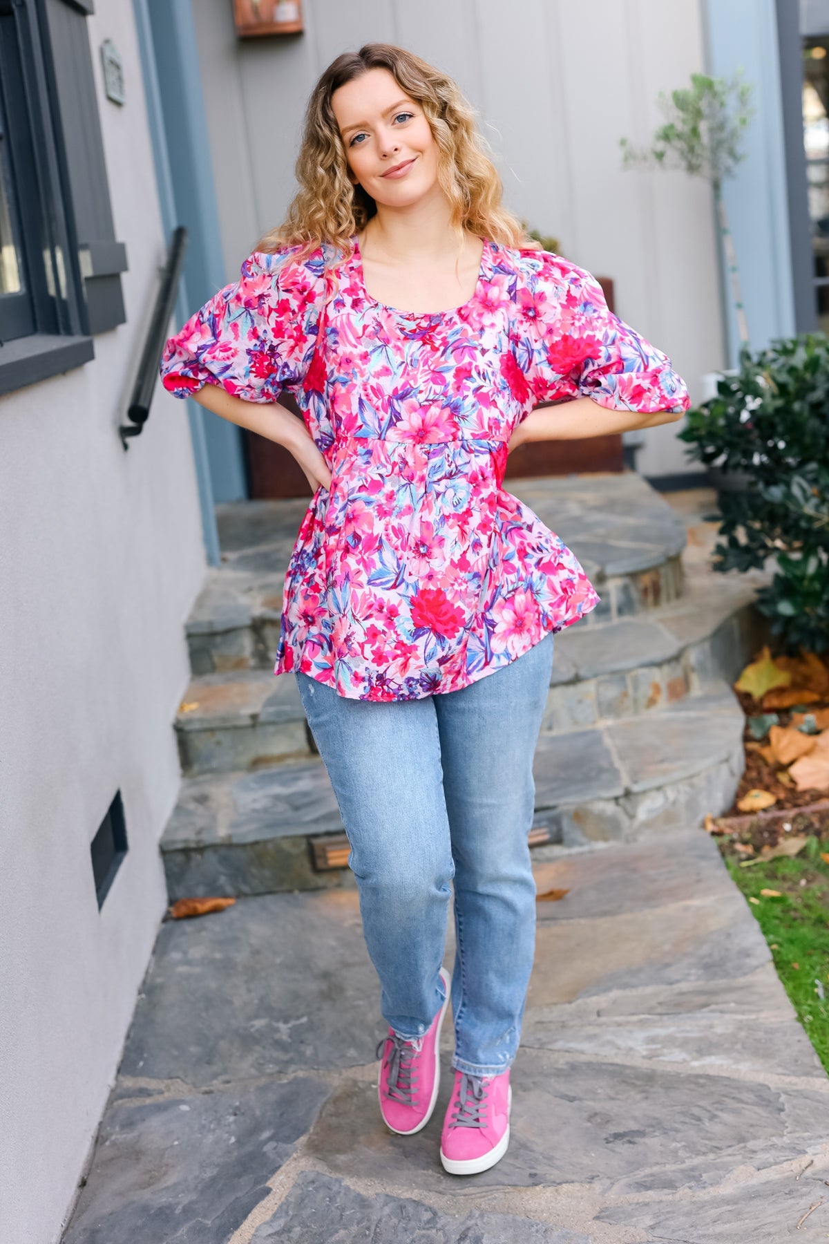 Pink & Fuchsia Floral Peplum Woven Top