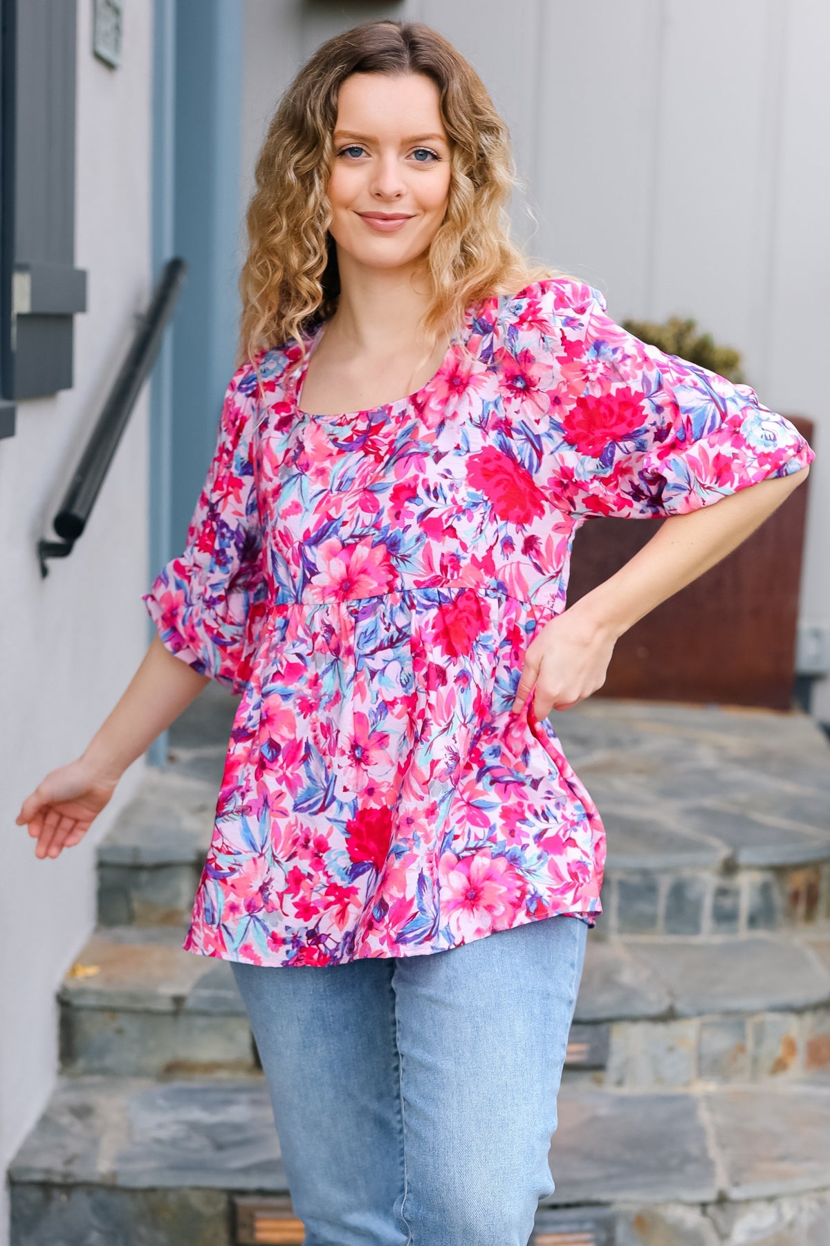 Pink & Fuchsia Floral Peplum Woven Top