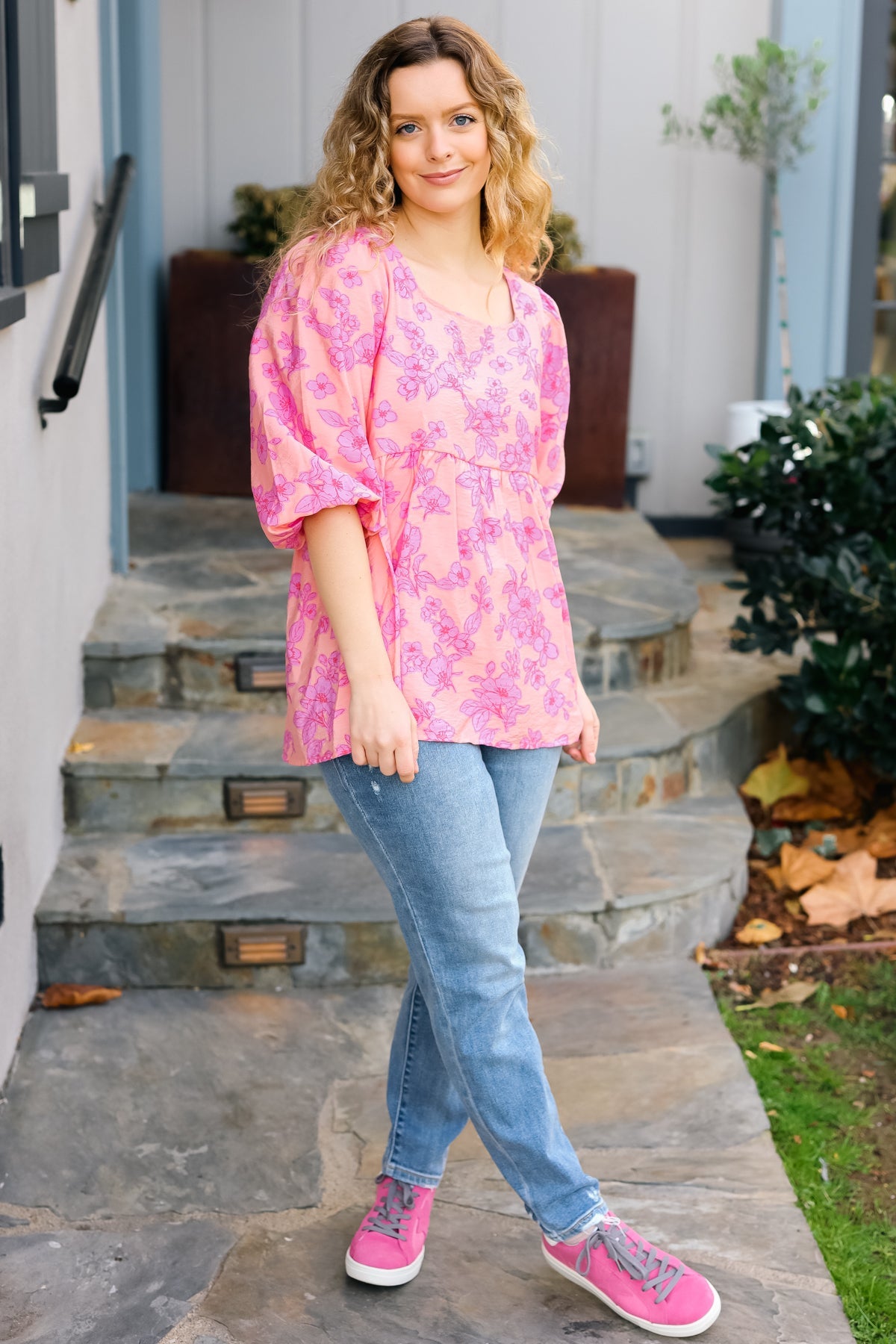 Peach & Pink Floral Peplum Woven Top