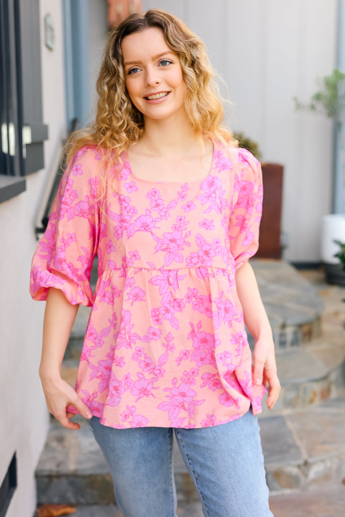 Peach & Pink Floral Peplum Woven Top