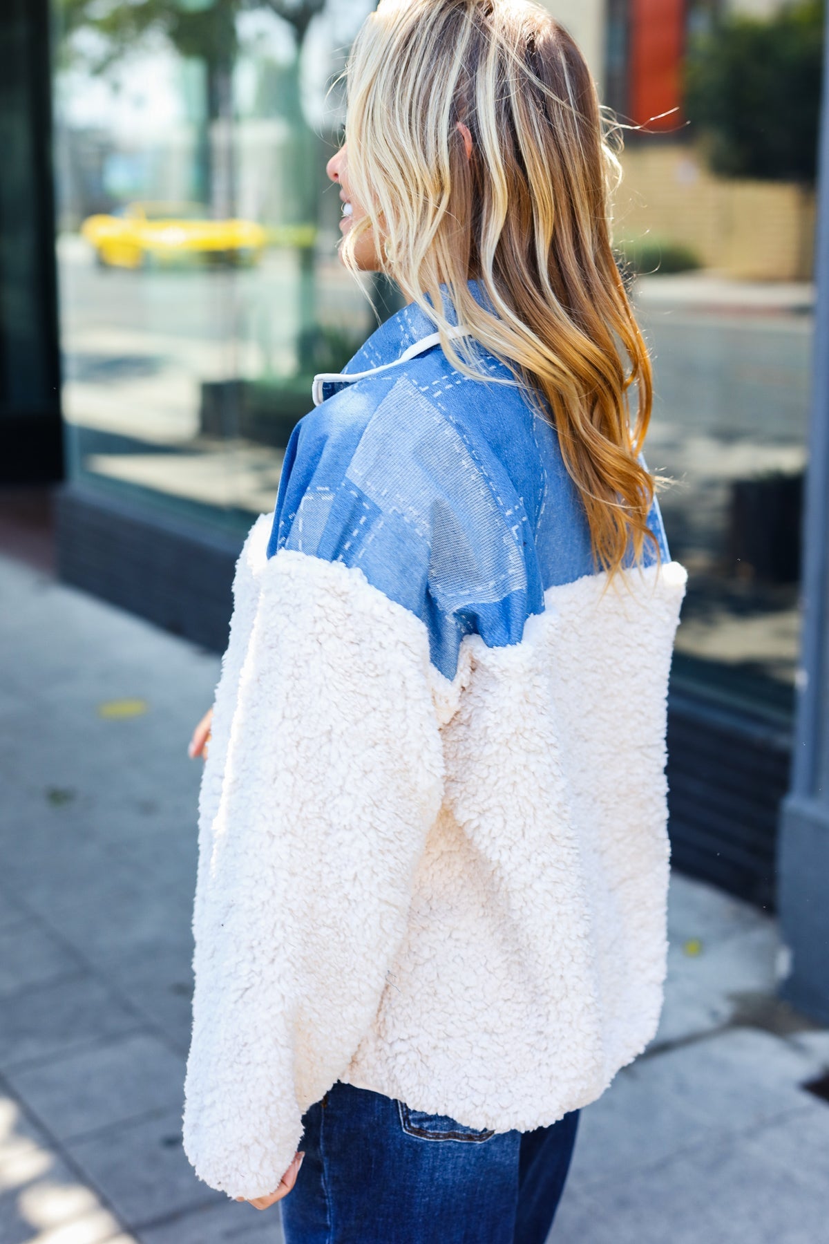 Denim & Ivory Patchwork Sherpa Half Zip Pullover