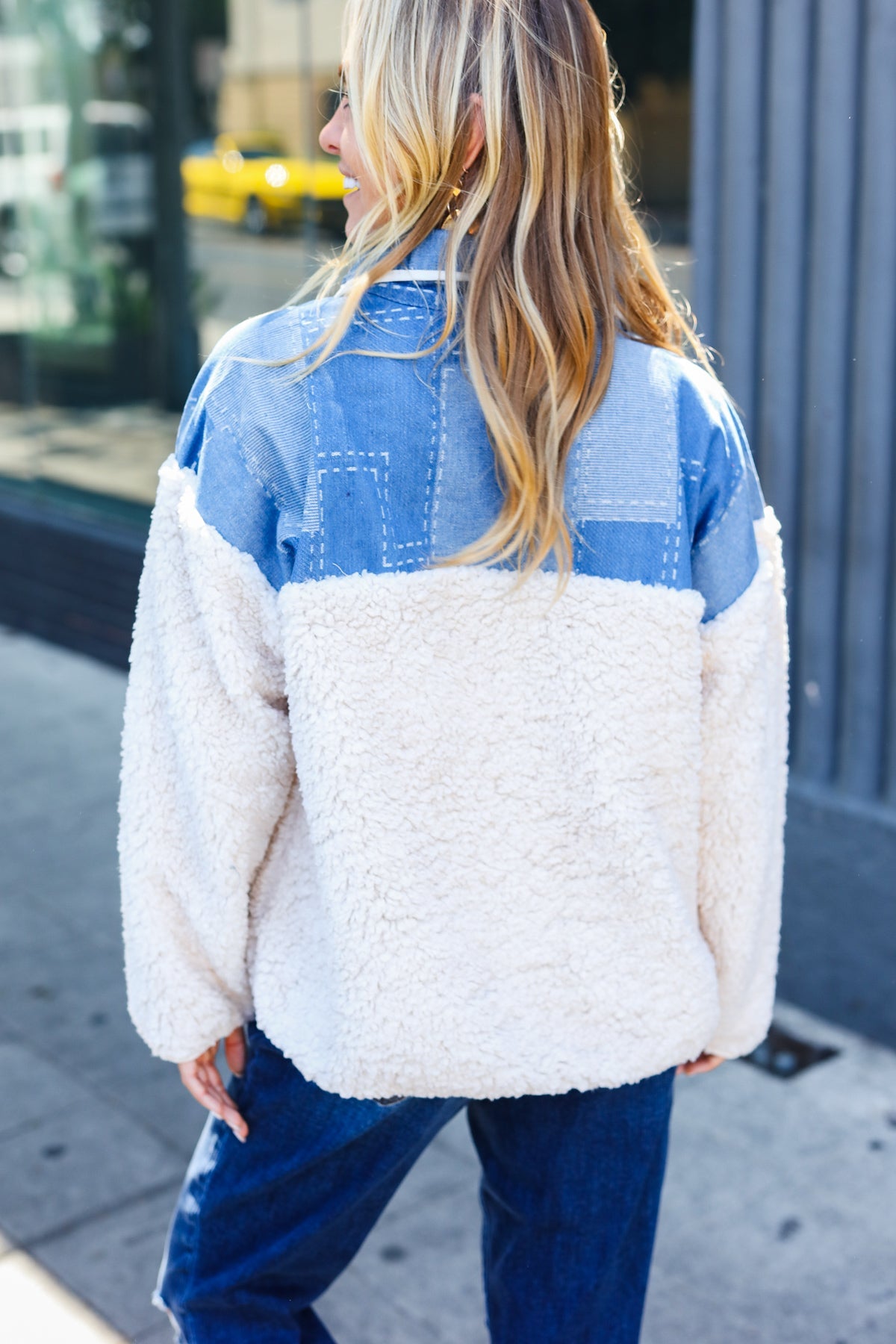 Denim & Ivory Patchwork Sherpa Half Zip Pullover