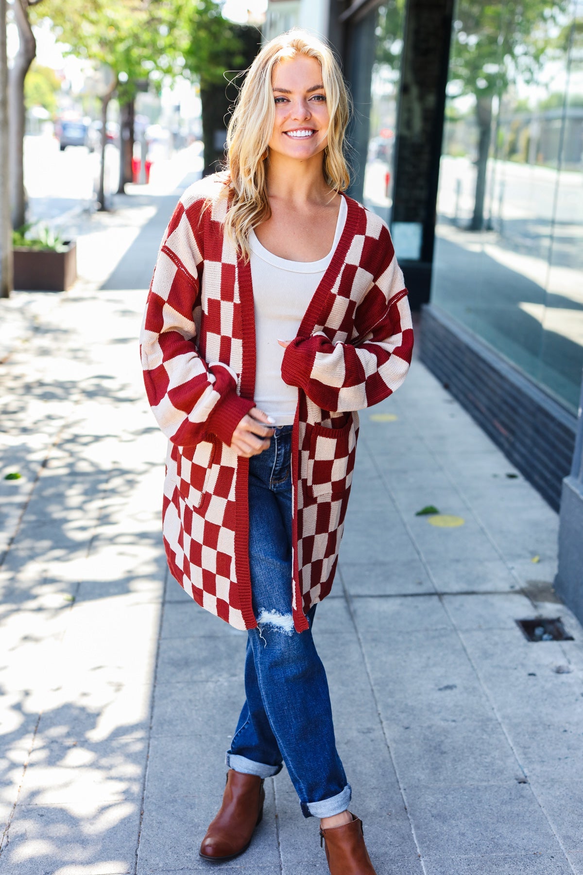 Rust Checkered Open Cardigan