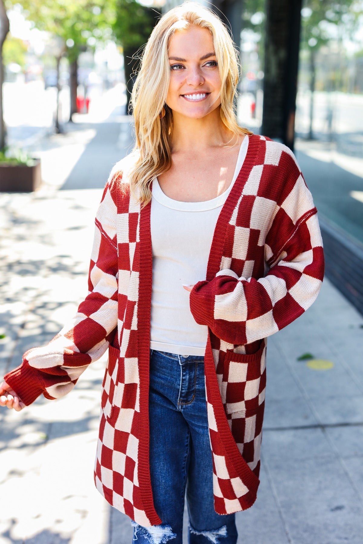 Rust Checkered Open Cardigan