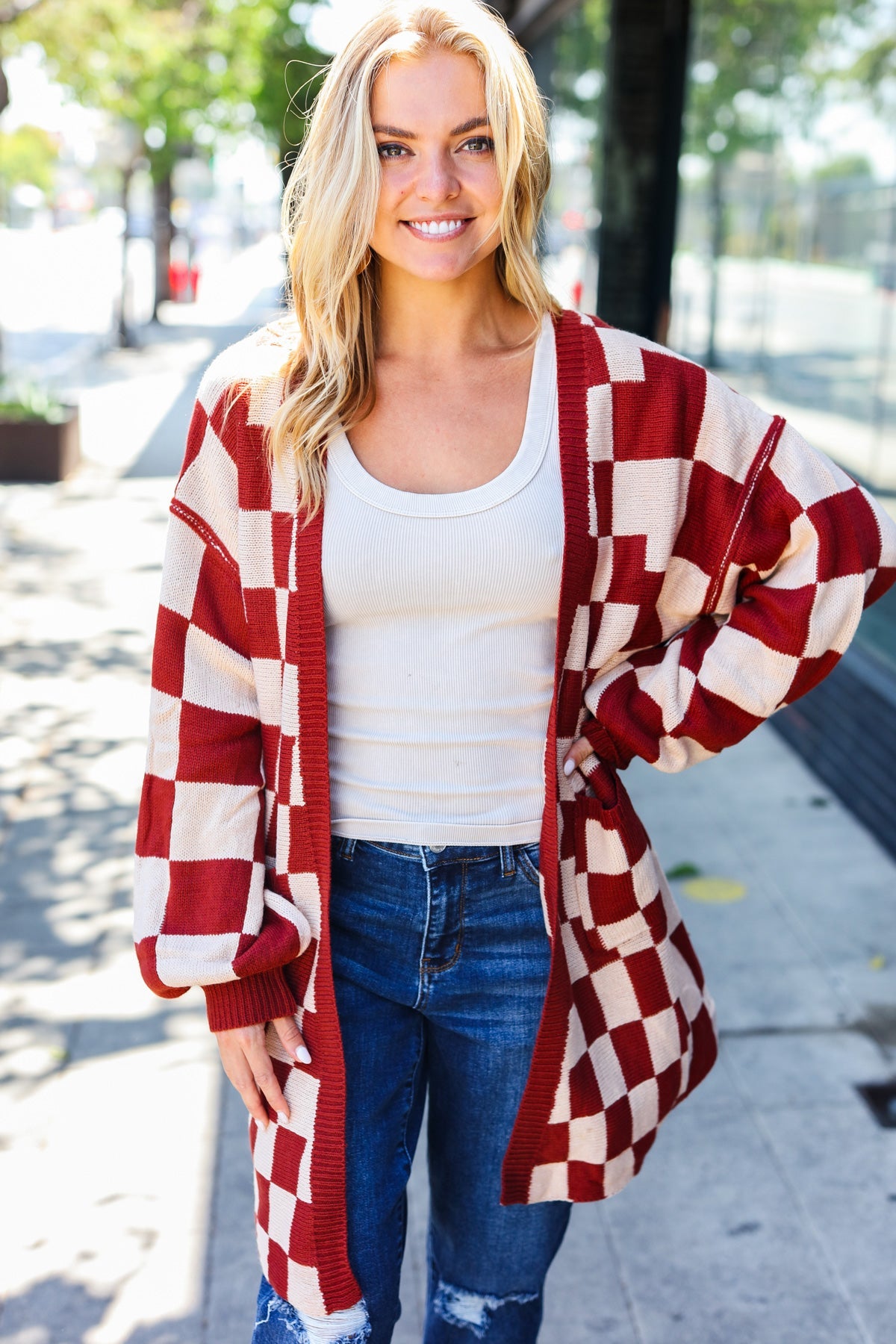 Rust Checkered Open Cardigan