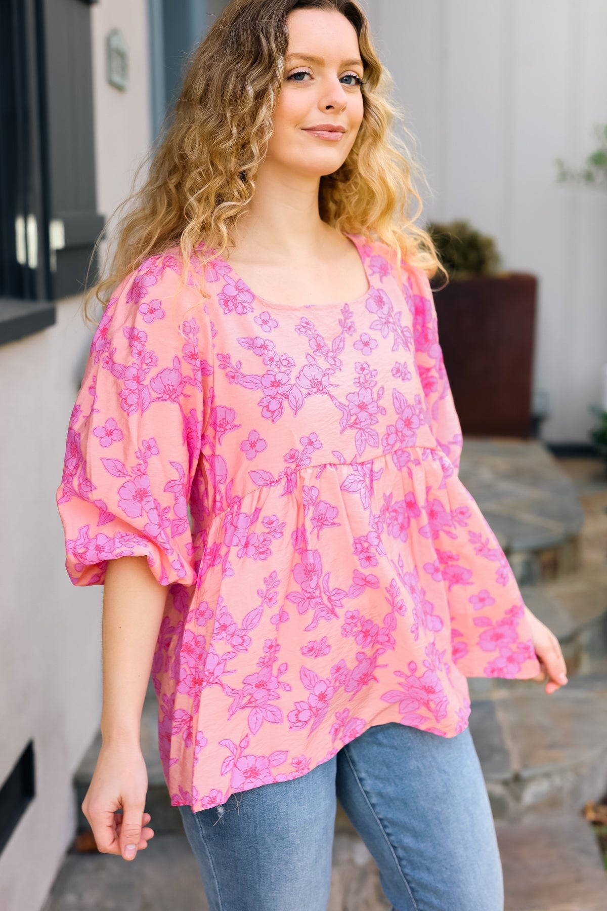 Peach & Pink Floral Peplum Woven Top