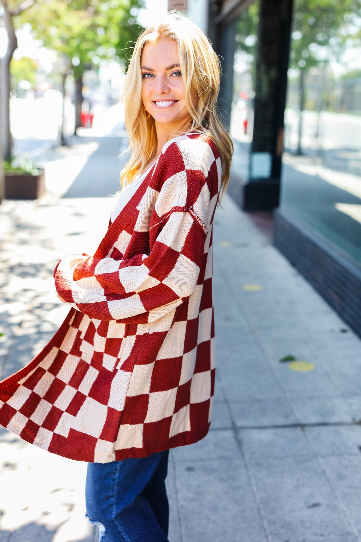 Rust Checkered Open Cardigan