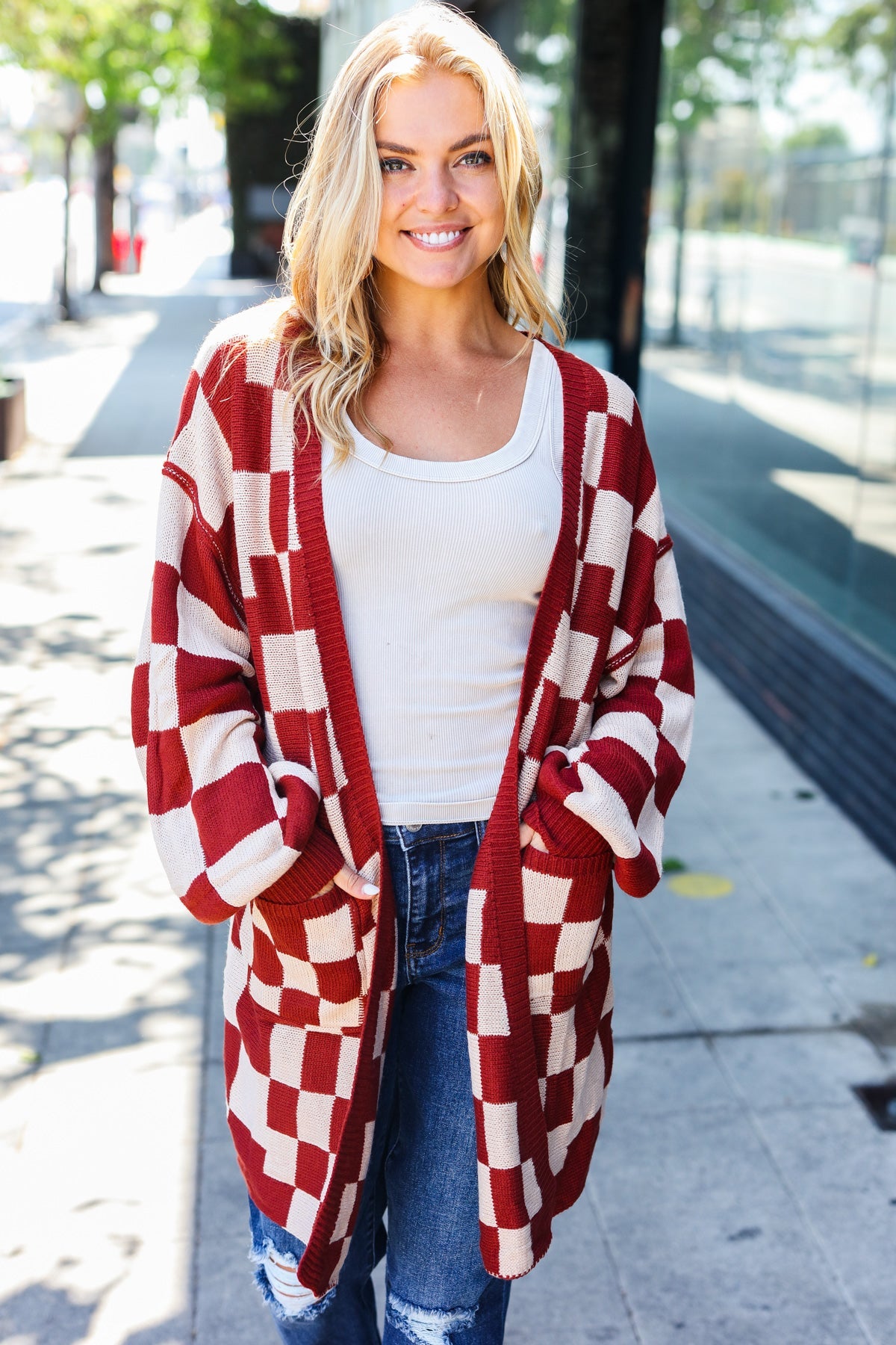 Rust Checkered Open Cardigan