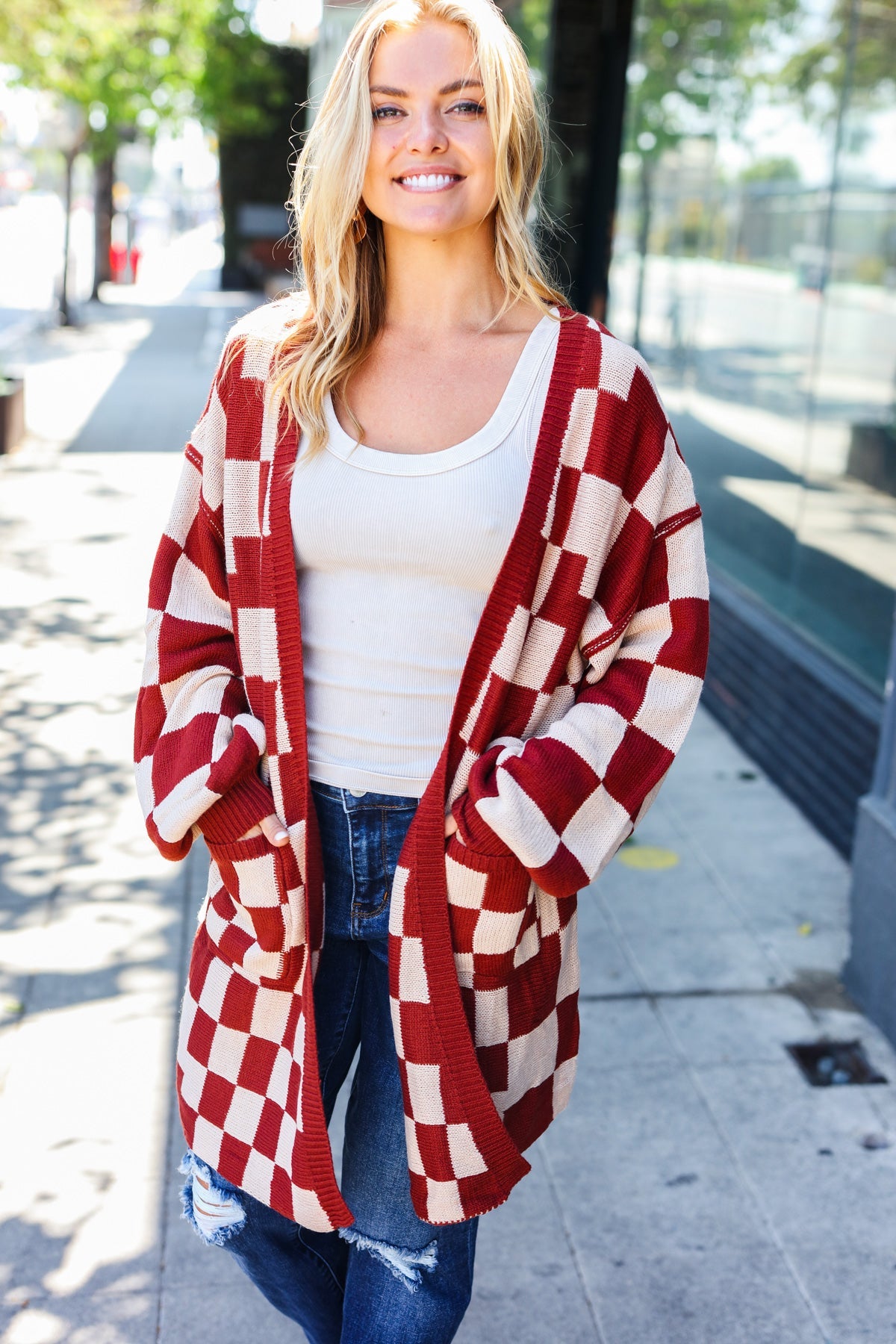 Rust Checkered Open Cardigan