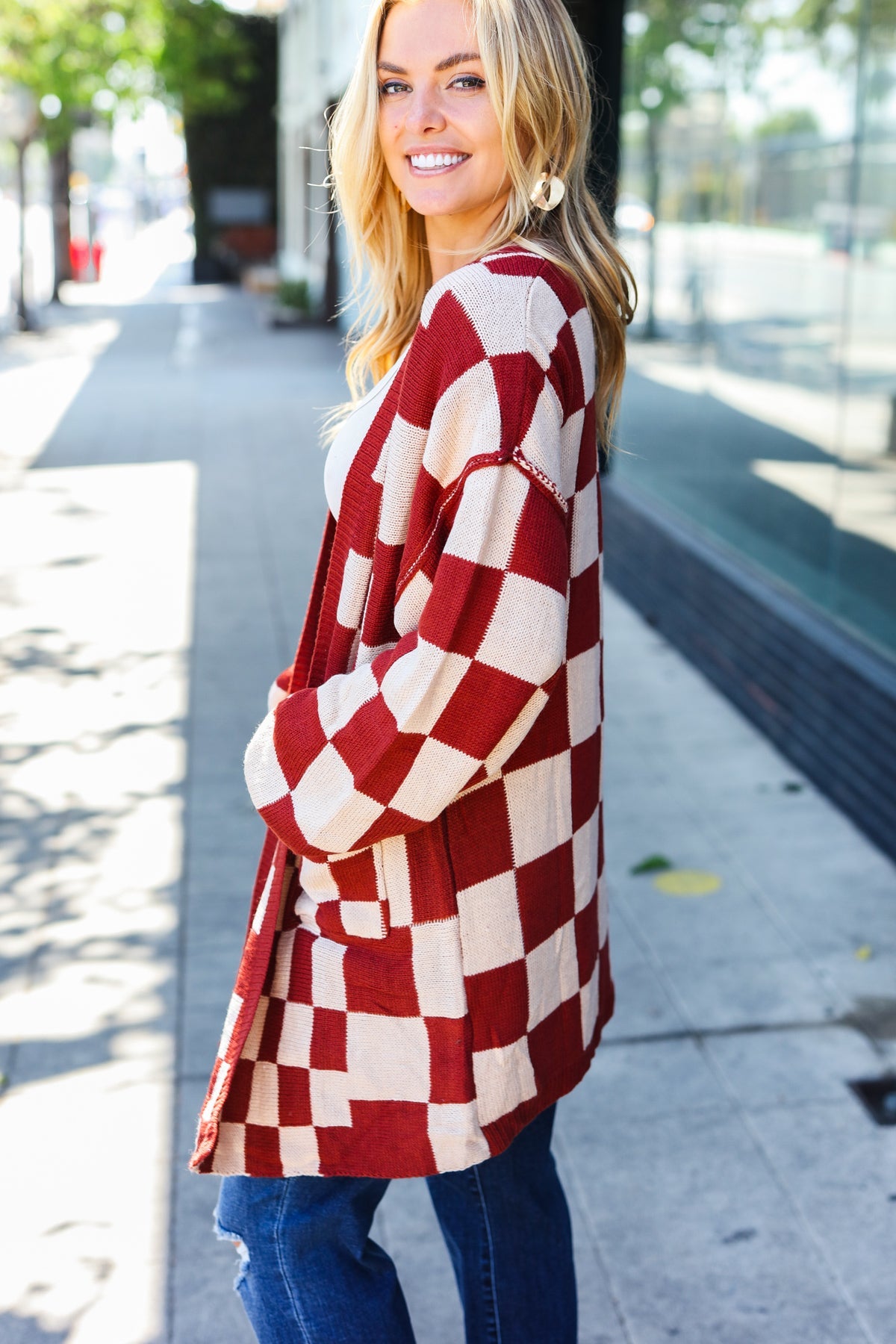 Rust Checkered Open Cardigan